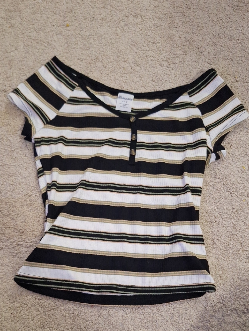 No Boundaries Black, White and Olive Striped Short Sleeve Henley Top